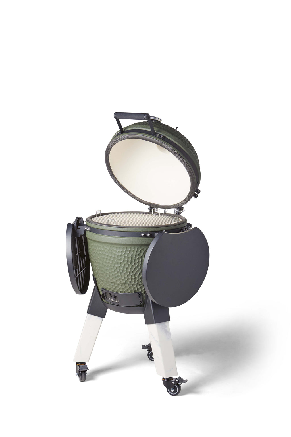 Kamado Moddern Special green, incl zijtafeltjes, aluminium marmerlook poten én wieltjes